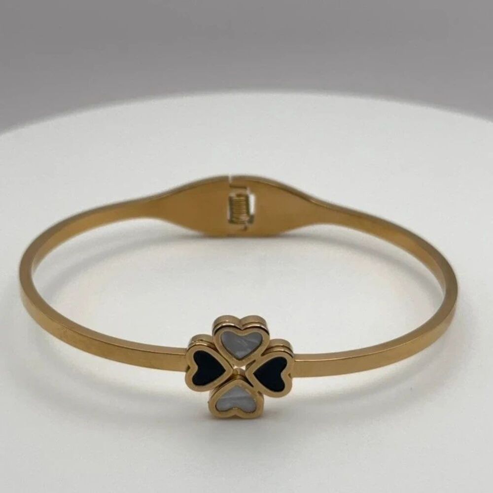 Stainless Steel Lucky Four-Leaf Clover Black White Gold Hinged Bangle Bracelet